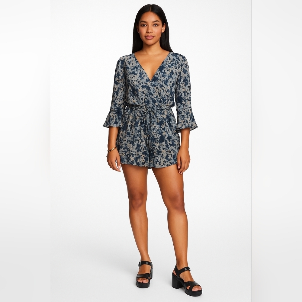💙 Free People Floral Ruffle Sleeve Tie Waist Romper XS